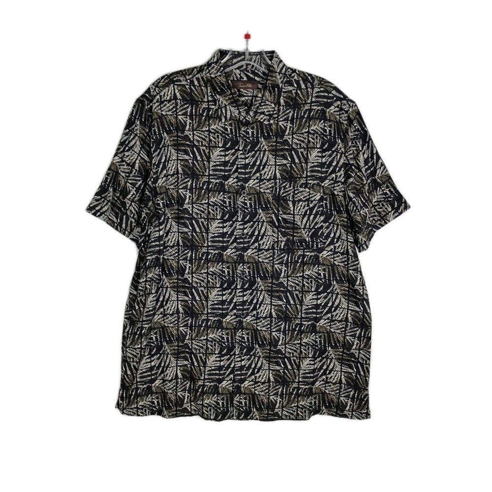 Tasso Elba Mens Hawaiian Shirt Sz L Brown Silk Blend Tropical Palm Leaf Print